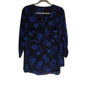 Torrid Harper 3/4 Sleeve Pull Over Blouse Size 3x Black Blue Floral